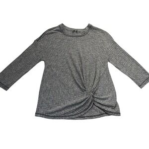 Anthropology Ribbed Knit Top W M Grey Twist Front Long Sleeve Crew Neck Casual